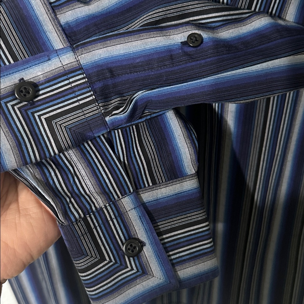 Kenneth Cole Men Navy Blue Black Striped Button Down Luxury Shirt Size 34-35 / M - Picture 7 of 8